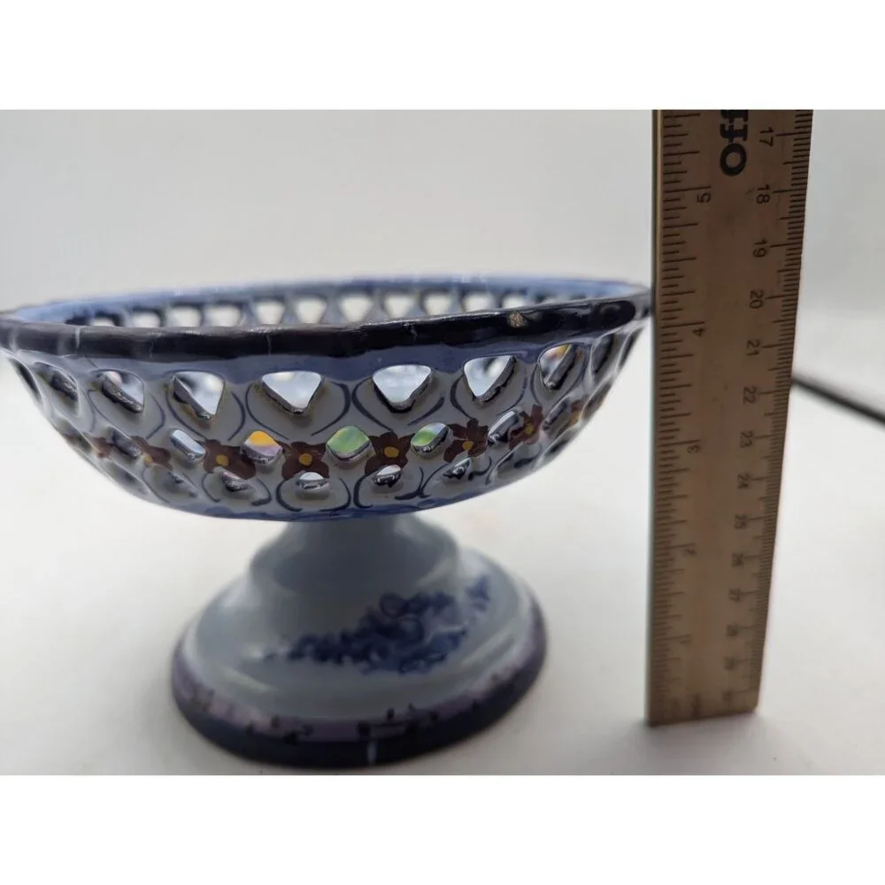 Handpainted Portugal Pottery Open Candy/Footed Compote/Footed Bowl READ